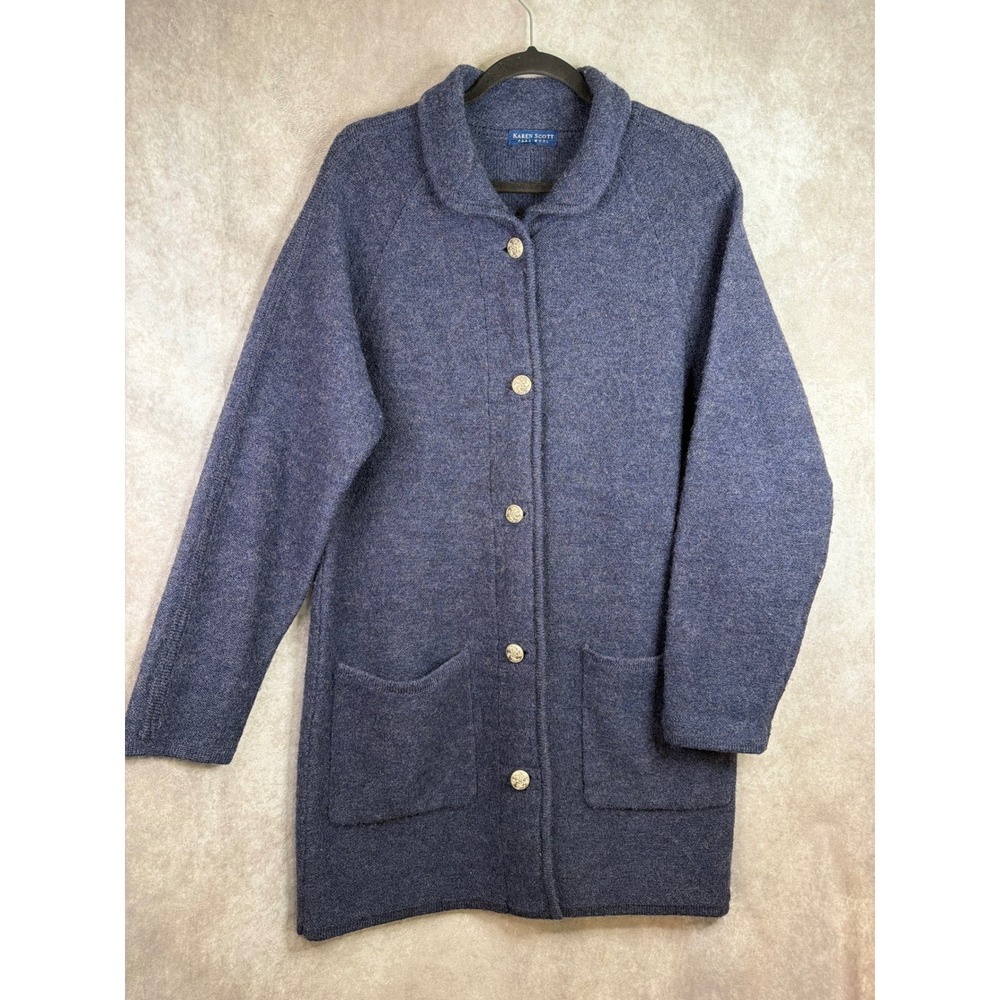 Karen Scott Cardigan Sweater Womens Small Blue 100%‎ Wool Longline Shawl Collar